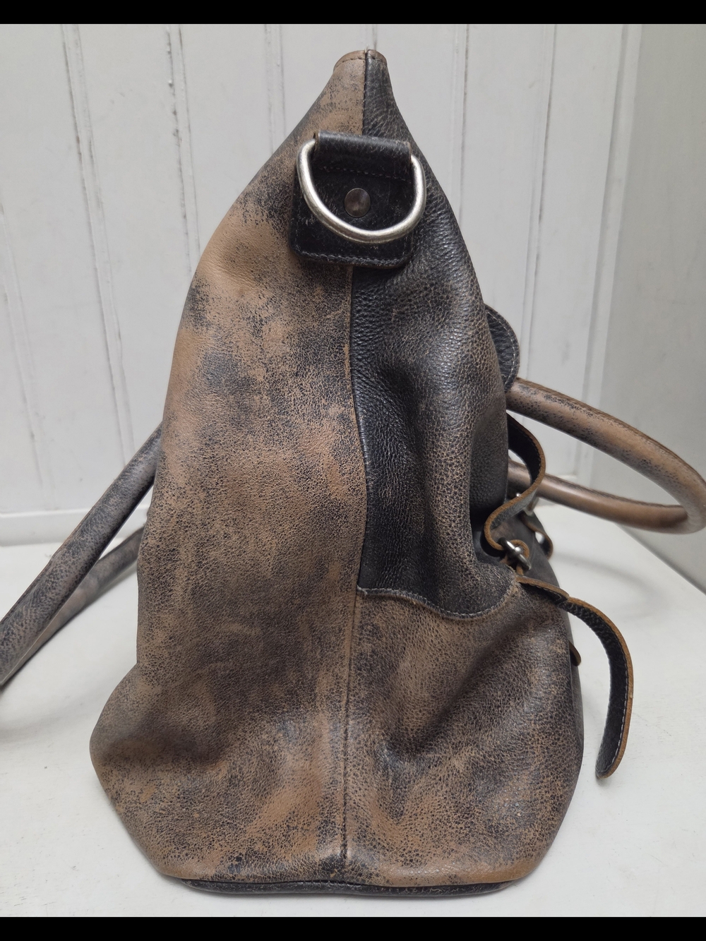 Bed Stu Big Fork Distressed Two-Tone Brown Leather Shoulder Bag Purse - Picture 12 of 16